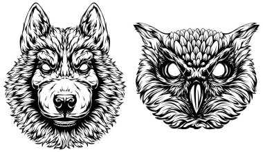 Black and white hand drawn face of owl and dog. Vector illustration mascot art.