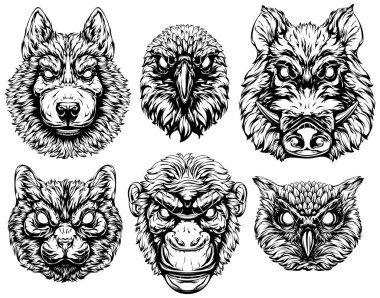 Black and white hand drawn face of monkey, cat, owl, crow, pig, dog. Vector illustration mascot art.