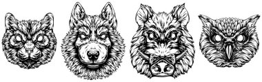 Black and white hand drawn face of cat, owl, pig, dog. Vector illustration mascot art.