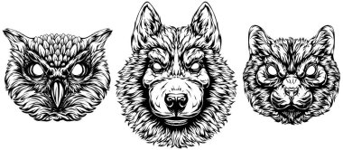 Kedi başı, baykuş, kurt. Soyut karakter çizimleri. Amblem için grafik logo tasarım şablonu. Portre resmi.