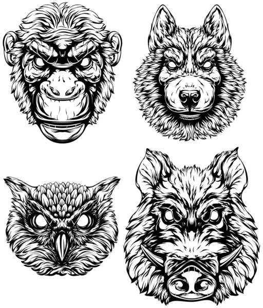 Black White Hand Drawn Face Monkey Owl Pig Dog Illustration — Stock Vector
