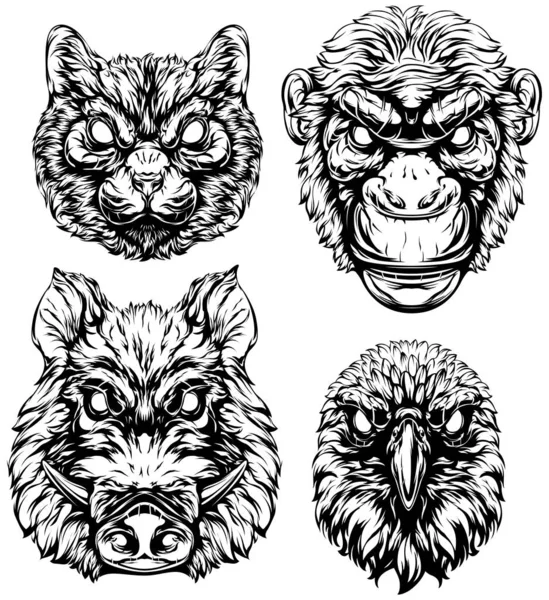 Faccia Disegnata Mano Bianco Nero Scimmia Gatto Corvo Maiale Illustrazione — Vettoriale Stock