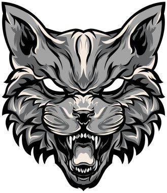 Kızgın kedi resimdeki görüntüyü izole etti. Vahşi kedinin el çizimi yüzü. Dövme ve maskot sanatı. 