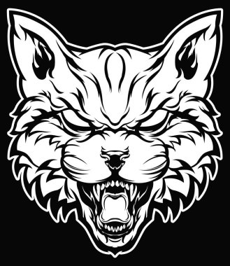 Kızgın kedi resimdeki görüntüyü izole etti. Vahşi kedinin el çizimi yüzü. Dövme ve maskot sanatı.