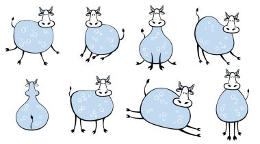 Bir grup çiftlik hayvanı. İnek pozlarının çocuk çizimi. Sevimli tasarım karalama biçimi.