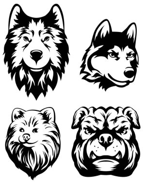 Köpek kafaları. Soyut karakter çizimi. Amblem için grafik logo tasarım şablonları.
