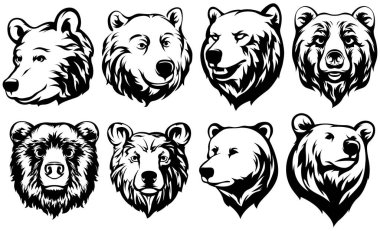  Ayı başı. Soyut karakter çizim değişkeni kümesi. Amblem için grafik logo tasarım şablonu. Portre resmi.