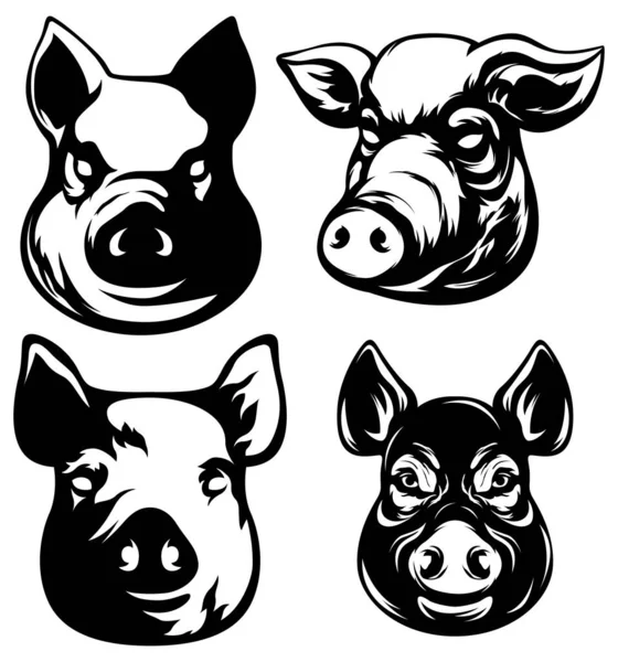 Maskotka Głowy Świni Logo Świni Zestaw Ilustracji Wieprzowych — Wektor stockowy