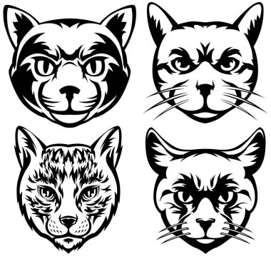 Kedi kafaları soyut karakter çizimleri. Amblem için grafik logo tasarım şablonları.