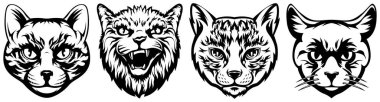 Kedi kafaları soyut karakter çizimleri. Amblem için grafik logo tasarım şablonları.