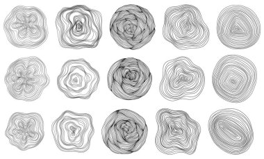 Soyut ağaç halkaları. Topografik harita seti. Arkaplan koleksiyonu. Beyaz üzerine ince siyah çizgiler.