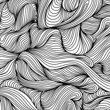 Dalgalı kıvrımlı arka plan şablon sanatı. Beyaz üzerine ince siyah çizgiler. Kalem taslak dokuları. Elle çizilmiş karalama. Soyut çizim.