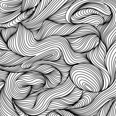 Dalgalı kıvrımlı arka plan şablon sanatı. Beyaz üzerine ince siyah çizgiler. Kalem taslak dokuları. Elle çizilmiş karalama. Soyut çizim.