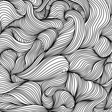 Dalgalı kıvrımlı arka plan şablon sanatı. Beyaz üzerine ince siyah çizgiler. Kalem taslak dokuları. Elle çizilmiş karalama. Soyut çizim.