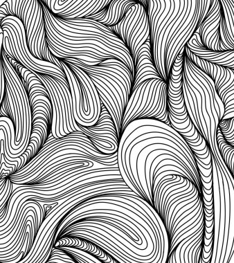 Dalgalı kıvrımlı arka plan şablon sanatı. Beyaz üzerine ince siyah çizgiler. Kalem taslak dokuları. Elle çizilmiş karalama. Soyut çizim.