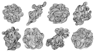 Soyut ağaç halkaları. Topografik harita kavramı arka planı. Beyaz üzerine ince siyah çizgiler. Soyut şekiller seti. Mürekkep boyama tarzı kompozisyonlar. El çizimi çizimleri.