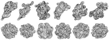Soyut ağaç halkaları. Topografik harita kavramı arka planı. Beyaz üzerine ince siyah çizgiler. Soyut şekiller seti. Mürekkep boyama tarzı kompozisyonlar. El çizimi çizimleri.