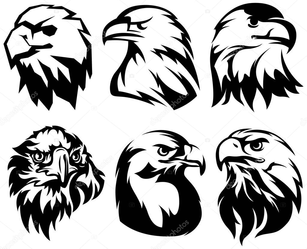 Hand drawn eagle head emblem set. Mascot bird collection. Predator logo illustration isolated on white.