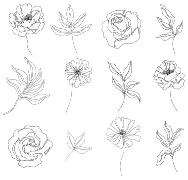 Soyut çiçekler izole edilmiş çizimler. Arka plan için kır çiçekleri. Basit minimalist sanat kesintisiz çizgi çizimi.
