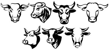 İnek kafalı maskotlar. Sığır logosu. Çiftlik hayvanı illüstrasyonu beyazda izole edildi.