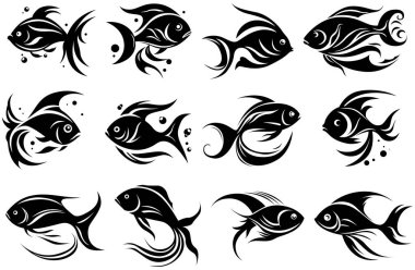 Amblem için deniz ürünleri tasarım şablonunun grafiksel logosu. Şirket kullanımı için balık görüntüsü ya da dövme beyaza izole edilmiş. Soyut deniz yaratıkları karakter çizimi. Ai oluşturuldu.