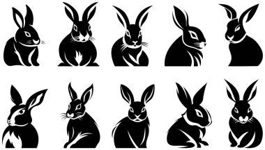 Tavşanlar siyah siluetler beyaz arka planda izole edilmiş. Tavşan tasarım şablonunun grafik logosu. Ai oluşturuldu.