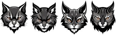Kedi kafaları soyut karakter çizimleri. Amblem için avcı tasarım şablonunun grafiksel logosu. Kedi portrelerinin resmi. Ai oluşturuldu.