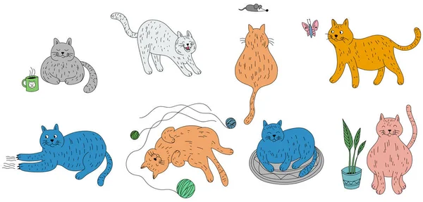 Zestaw Bazgrołów Ładny Kreskówkowy Kot Izolat Białym Ręcznie Rysowane Ilustracje — Wektor stockowy