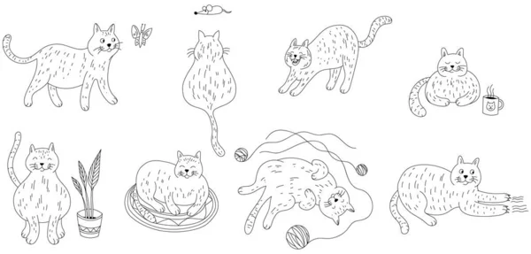 Doodle Набір Милих Мультиплікаційних Котів Ізольовані Білому Ручна Намальована Ілюстрація — стоковий вектор