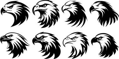 Kartal başlı amblem siyah üzerine beyaz. Maskot kuş vektörü. Logo çizimi beyaza izole edildi. Ai oluşturuldu.