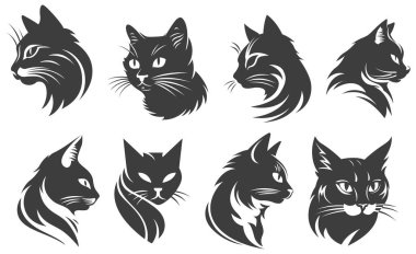 Kedi kafaları soyut karakter çizimleri. Amblem için avcı tasarım şablonunun grafiksel logosu. Kedi portrelerinin resmi. Ai oluşturuldu.
