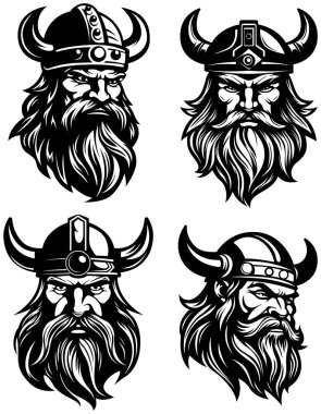 Viking kafa koleksiyonu. İllüstrasyon vinil kesim için hazır. Viking sembolü. Maskot Kelt savaşçı logosu beyaza izole edilmiş. Şirket kullanımı ya da dövme için insan portresi. Ai oluşturuldu.