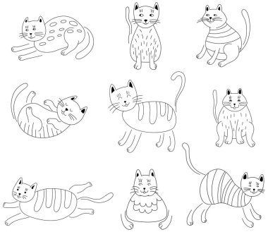 El çizimi kediler beyaz sette izole edilmiş. Çocuk koleksiyonu için el çizimi şirin illüstrasyon.