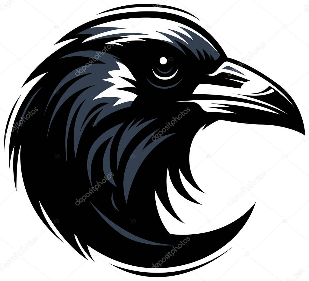 Crow head emblem. Mascot raven logo bird illustration isolated on white. Image of predator portrait for company use or tattoo. Ai generated.