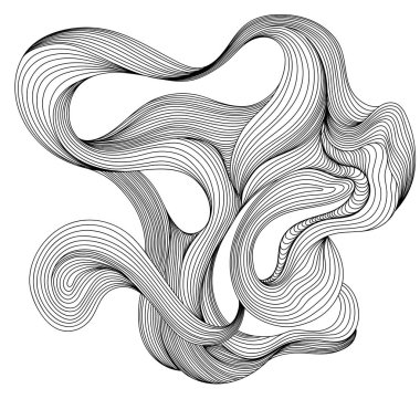 Soyut mürekkep dalgalı çizgileri beyaza izole edilir. Tasarım için tek renkli kompozisyon ögesi. El çizimi illüstrasyon şekli.