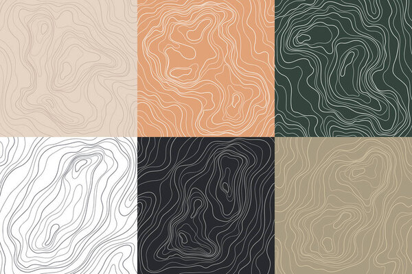 Topographic contour illustration wallpaper hand drawn set. Background concept poster collection. Lines and contours concept relief of mountains.