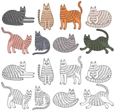 Bir dizi şirin çizgi film kedisi. Karalama tarzında el çizimi illüstrasyon beyaz koleksiyonda izole et.