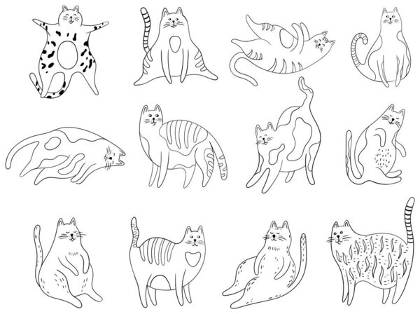 Набор милых мультяшных котов. Ручной рисунок в стиле каракулей изолировать на белой коллекции.