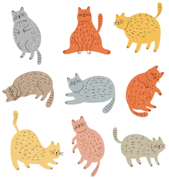 Conjunto Gatos Bonitos Conjunto Ilustração Animal Simples Desenhado Mão Isolado Vetores De Bancos De Imagens