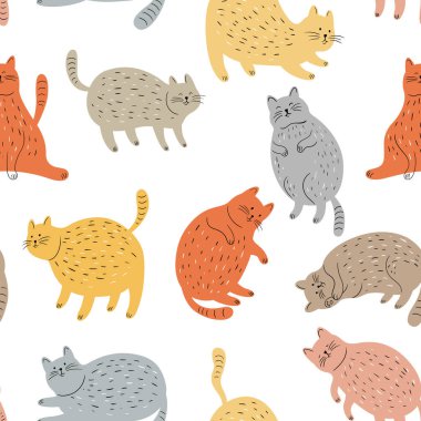 Kedilerde kusursuz desen. Karalama stilinde el çizimi illüstrasyon.