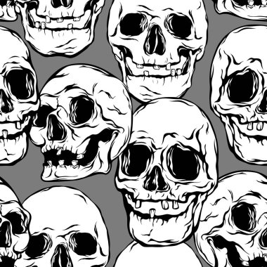 İnsan kafatasları ile kusursuz desen. Tasarımınız için el çizimi illüstrasyon.