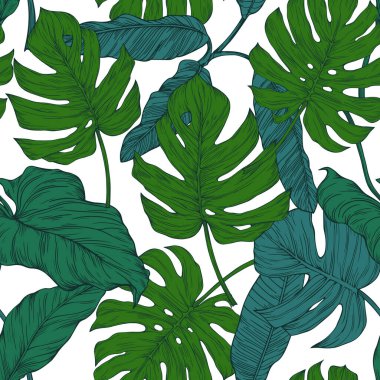 Tropikal el yapımı yaprakları olan kusursuz bir desen. Yeşil Resim.