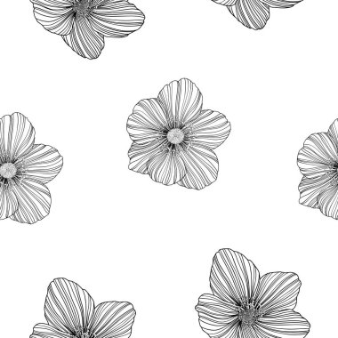  Siyah ve beyaz soyut çiçeklerle kusursuz bir desen. El çizimi illüstrasyon.