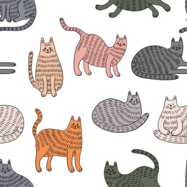 Sevimli el çizimi kedi çizimi ile kusursuz desen.