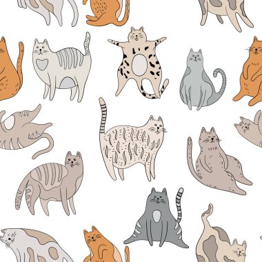 Kedilerde kusursuz desen. Karalama stilinde el çizimi illüstrasyon.