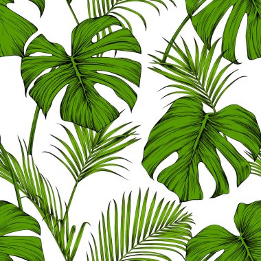 Tropikal el yapımı yaprakları olan kusursuz bir desen. Yeşil Resim.