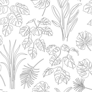 Tropikal yapraklarla kusursuz desen. Devamlı çizgi çizimi. Siyah ve beyaz.