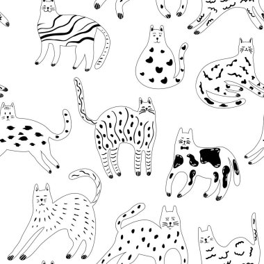 Elle çizilmiş kedilerle kusursuz desen. Karalama biçiminde basit illüstrasyon.