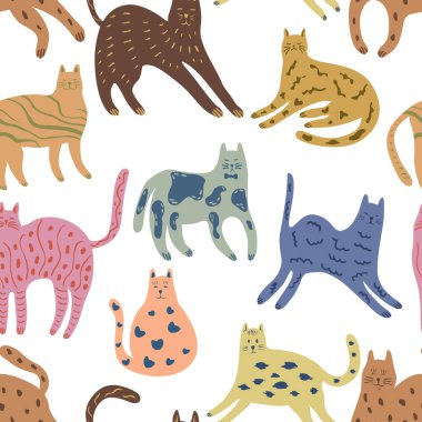 Elle çizilmiş kedilerle kusursuz desen. Karalama biçiminde basit illüstrasyon.