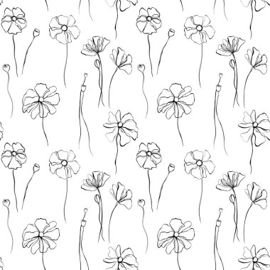 Elle çizilmiş haşhaş çiçekleriyle kusursuz desen. Soyut resimleme.